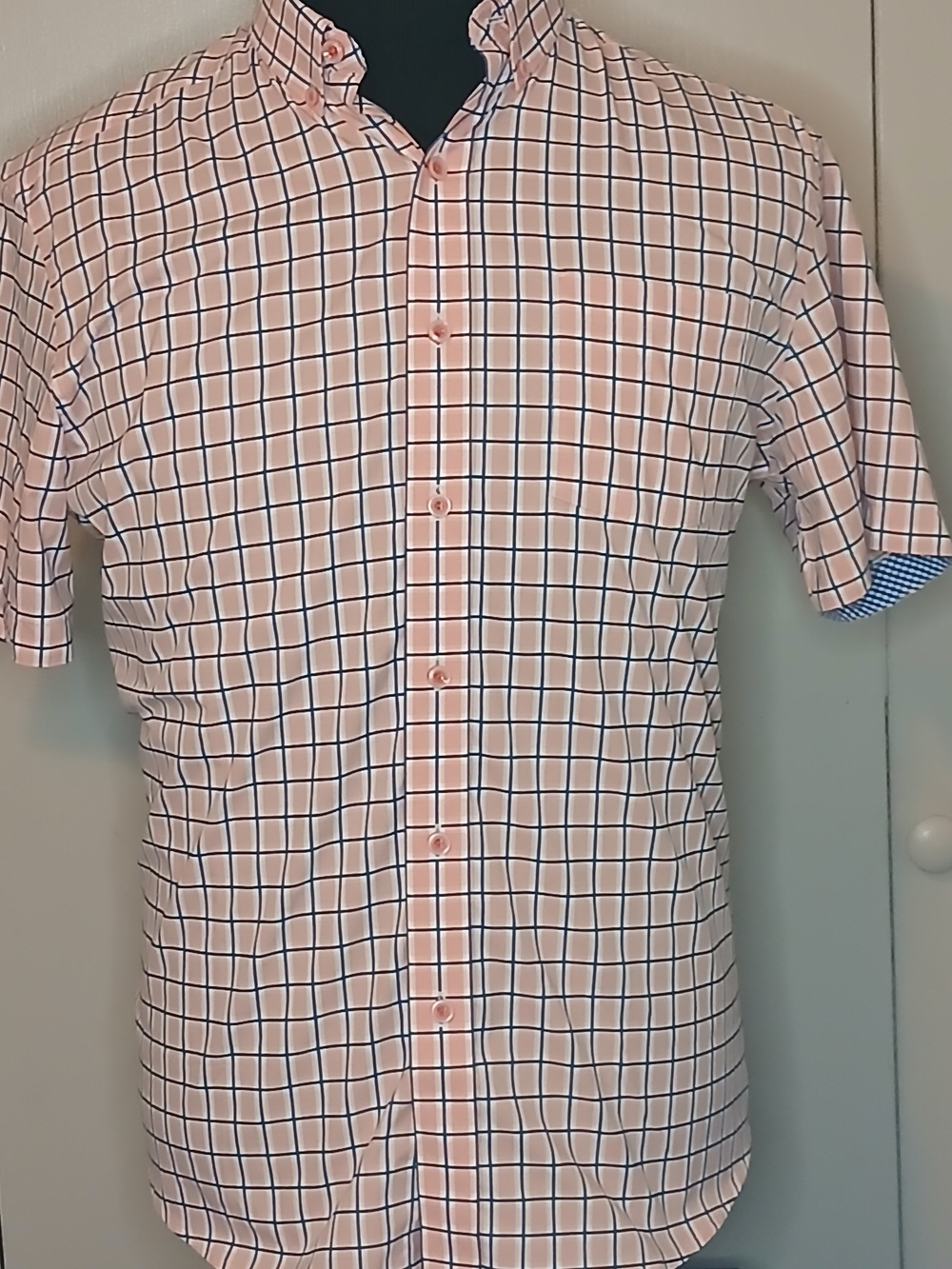 Johnston & Murphy Pink Blue Windowpane Short-Sleeve Button-Down Shirt (0976PF)